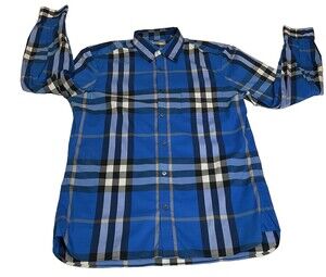 Burberry Check Stretch Cotton Poplin Casual Dress Shirt Blue Mens Size Medium